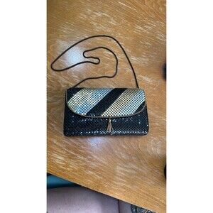 Vintage 80s Jessica Stevens Black Gold & Silver Metallic Chain Mesh Clutch Purse